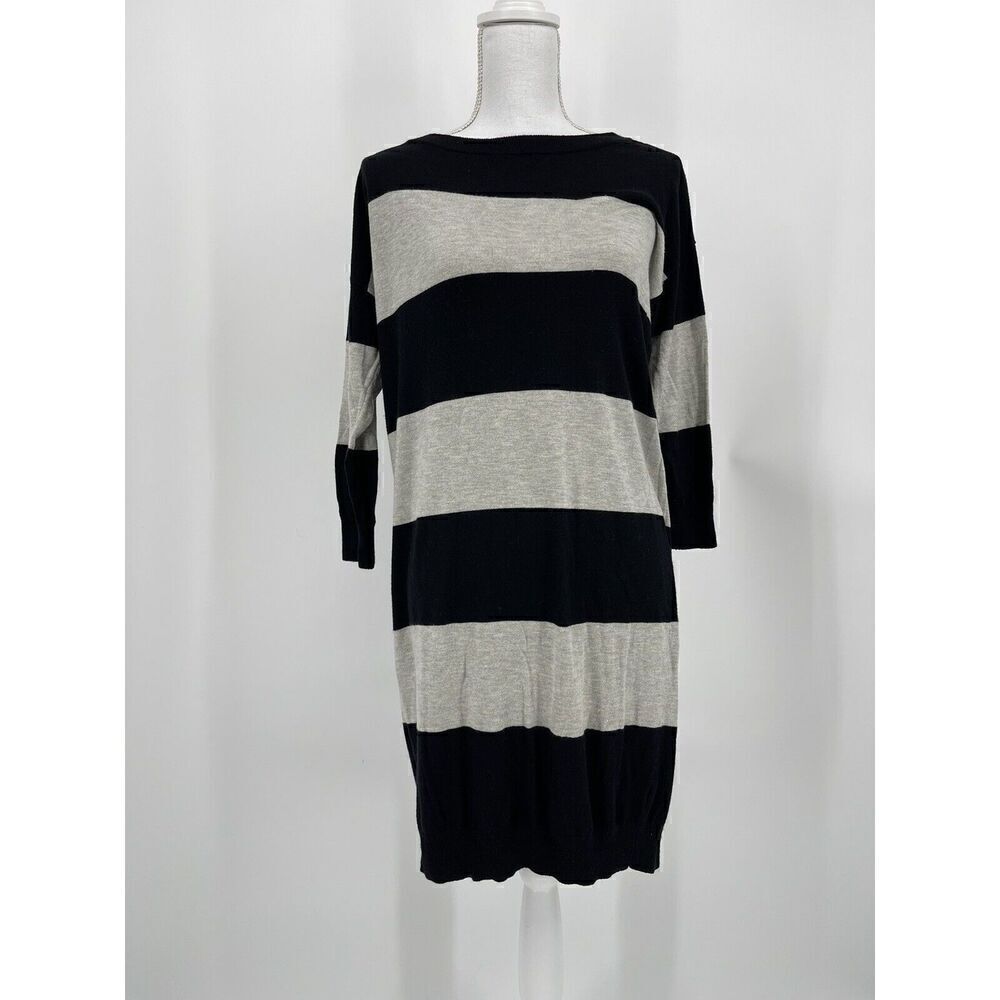 ATM Rugby Stripe Sweater Dress 3/4 Sleeve Black Heather Gray Knee Length Size S